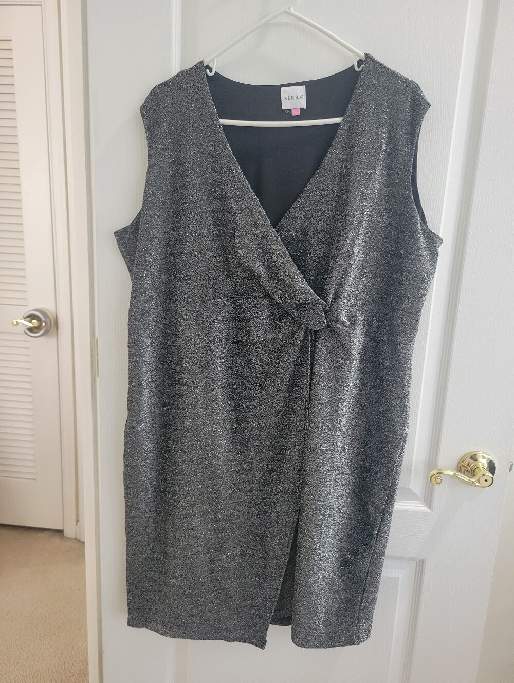 Serra XXL Metallic Silver Black Shimmer Knot Front Faux Wrap Dress Fall Party